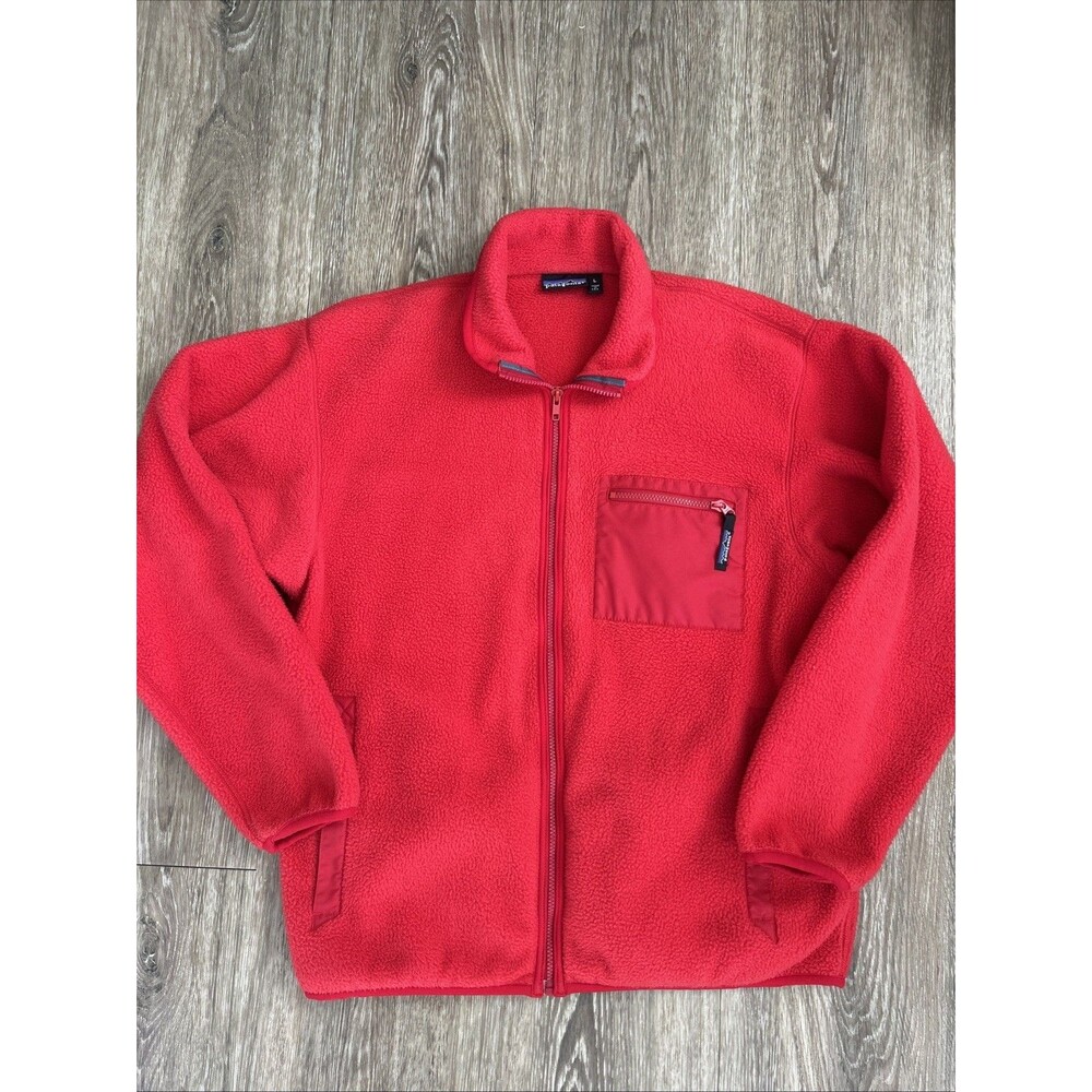 Patagonia Vtg Synchilla USA 1990s Red Fleece Full Zip Jacket Sz L Deep Pile
